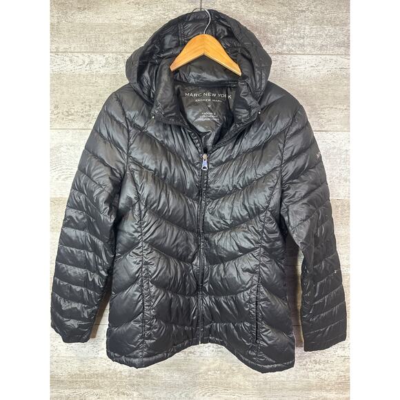 Andrew Marc New York Packable Black Down Puffer Jacket W/Hood Womens Medium - Picture 1 of 6